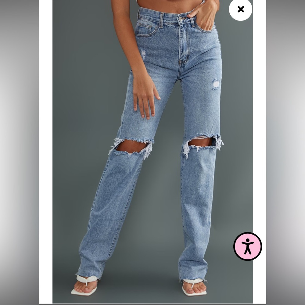 PLT TALL LIGHT WASH EXTRA LONG RIPPED HIGH WAIST STRAIGHT LEG JEANS- 2L